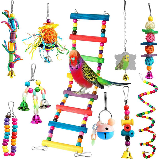 Perle Raregb - Set of 10 Bird Chew Toys, Parrot Toys, Cage Toy for Parakeets, Cockatiels, Conures, Lovebirds, Cockatoos, Macaws, Finches, Small Pet