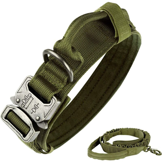 Perle Rare - Tactical Dog Collar, Nylon, Adjustable, K9 Collar, Heavy Duty Metal Buckle with Handle and Tactical Bungee Dog Leash, Nylon (l, Army