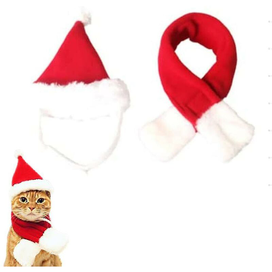 Christmas Cat Costume Santa Hat With Scarf Kitty Xmas Outfit Apparel Pet Santa Claus Set For Kitten, Puppy