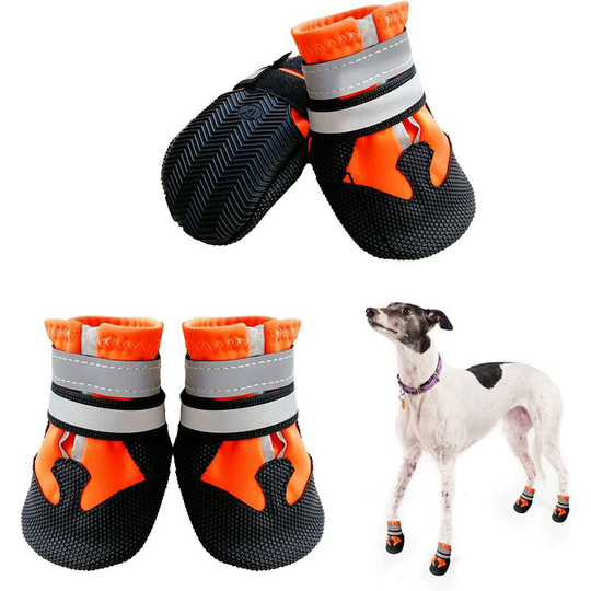 4 pcs Dog Boots, Waterproof Dog Shoes with Reflective Straps, Non-Slip Paw Protectors Shoes for Small Medium Large Dogs (l, Orange)