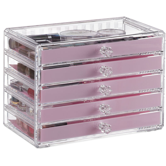 Relaxdays - Cosmetic Organiser with 5 Drawers, Acrylic, Dresser for Makeup & Jewellery, Protective Liners, Pink