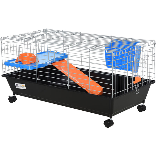 PawHut 89cm Small Animal Cage for Rabbit Ferret Guinea Pig w/ Food Dish Black - Black