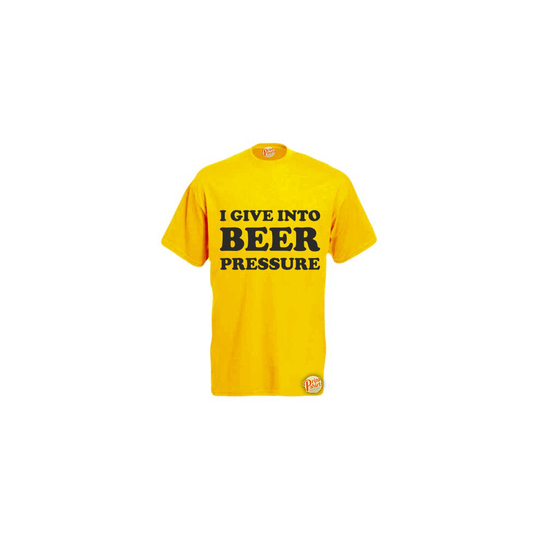 (X-Large, Yellow) I Give Into Beer Pressure! Mens Unisex Funny T-Shirt. Retro Tee