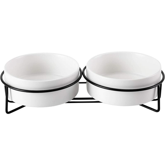 Ceramic Cat Bowl(2x400ml), Double Cat Lunch Bowl, Elevated Kitten Bowl for Food/Water - White