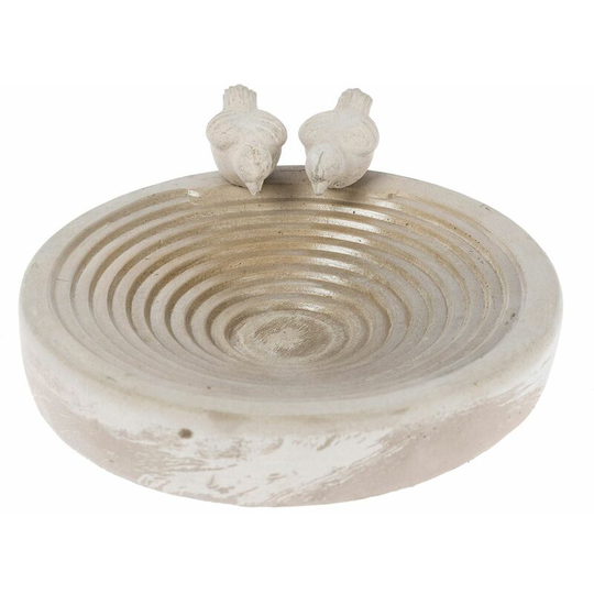 Homescapes - White Round Concrete Birdbath Heavyweight with Love Birds Decoration - White