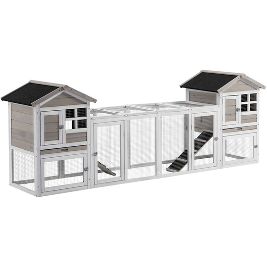 Pawhut - Two-In-One Rabbit Hutch w/ Double House, Run Box, Slide-Out Tray, Ramp - Grey