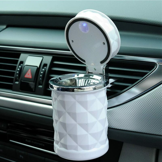 Portable led Ashtray with Lid Diamond Pattern With Car Holder, White