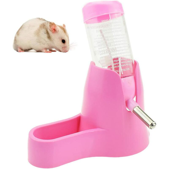3 in 1 Hamster Hanging Water Bottle Pet Auto Dispenser with Base for Dwarf Hamster Mouse Rat Hedgehog (80ML, Pink)