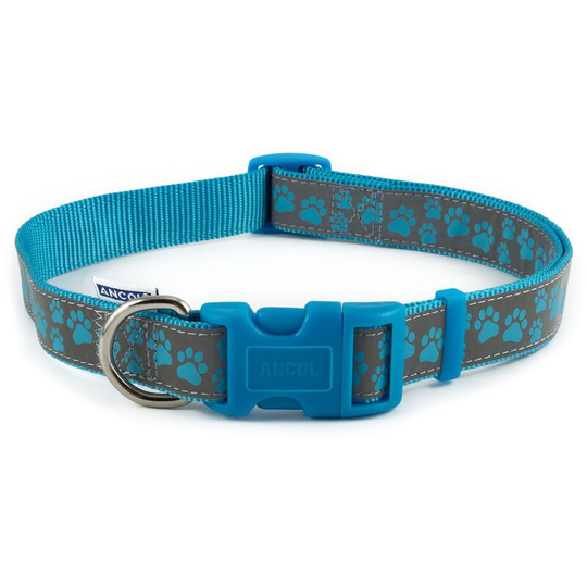 Reflective Paw Print Dog Collar (20-30cm) (Blue/Grey) - Blue/Grey - Ancol