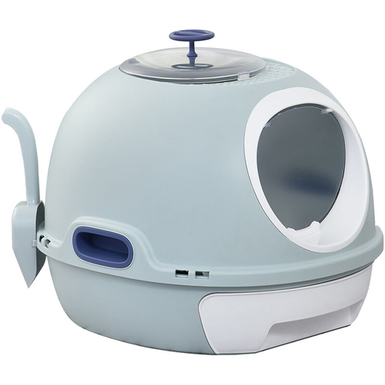 Futuristic Capsule-Shaped Cat Litter Box w/ 2 Doors Scoop Drawer Blue - Blue - Pawhut