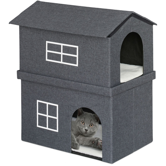Two Storey Cat House, Pett Den with 2 Entrances, h x w x d: 71.5 x 62.5 x 44 cm, Foldable, Dark Grey - Relaxdays