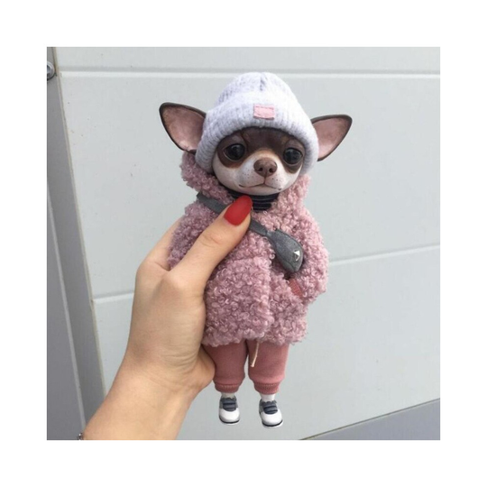 (Pink wool dog) New Mogwai Handmade Doll Standing Puppy Resin Doll Kawaii Dog Doll Home Decoration