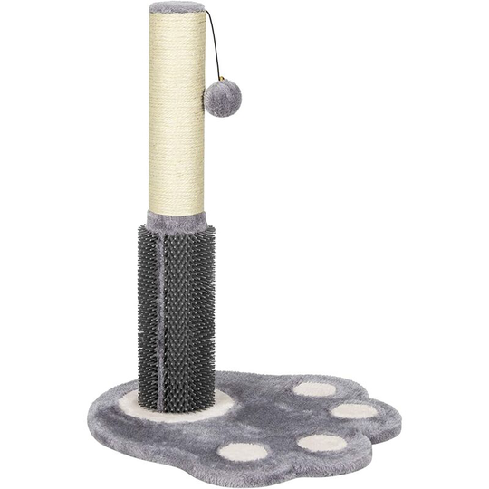 2-in-1 Cat Scratching Post with Message Brush and Dangling Ball, Natural Scratch Sisal Pole, Cute Plush Carpet Base Cat Scratch Toy - Costway