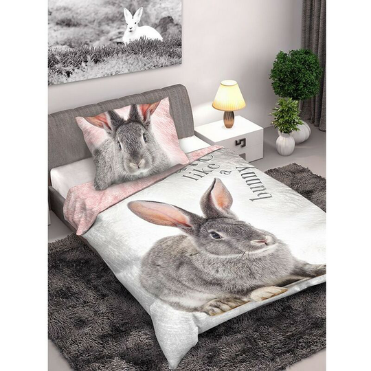 Rabbit Duvet Cover Set (Single) (Grey/Pink) - Grey/Pink
