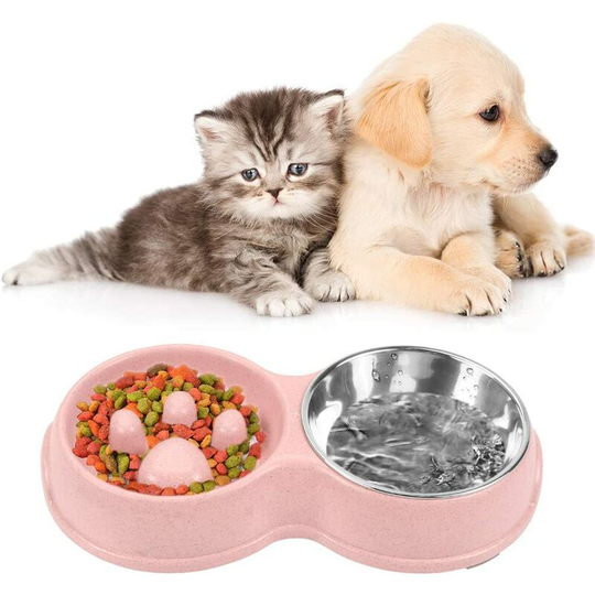 Gift - Non-Slip Dog and Cat Bowl Double Bowl Stainless Steel Dog Bowl Slow Feeding Bowl Slow Feeding Fun Interactive Feeding Cats and Dogs Bowl Pink