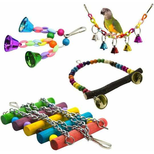 4pcs / set of parrot cage toy hanging swing stand hanging bridge coc rope swing birds toys bell colorful pearls, small cages parakeet decorative