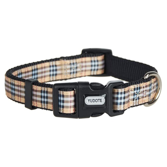 YUDOTE Adjustable Black Nylon Dog Collars Small with Tartan Plaid Begie Ribbon for Puppies Little Dogs Neck 25-38cm