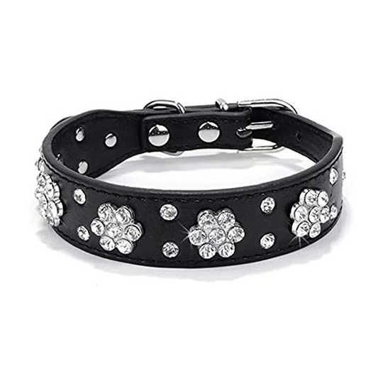 Rhinestone Dog Collar, Cute Flower Rhinestone Cat Dog Collar Bling Collar Leather Collar Adjustable Sizes black xs