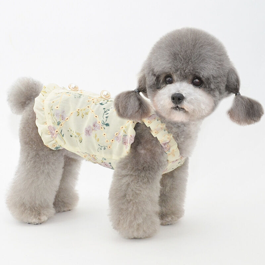 Spring and summer pet clothes dog skirt pet skirt m (chest 35', neck 28', back 20' suitable for weight 5 pounds), chiffon print halter dress - beige)