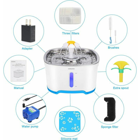 Bearsu - Fountain, Stainless Steel Top and Smart Auto Shut-off Pump, Pet Fountain with 3 Charcoal Filters, 1 Mat and 2 Cleaning Brushes, Water Level