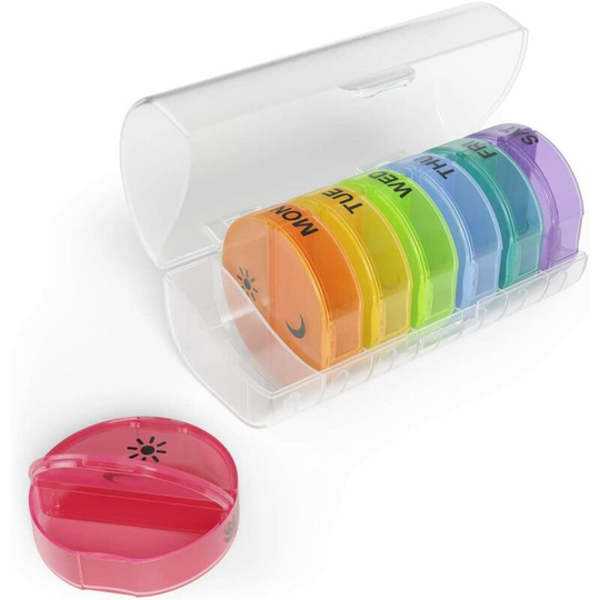 Sun Flowergb - Weekly pill organizer (7 days), vitamin and medicine box, large pop-up compartment, 2 dailies, rainbow colors