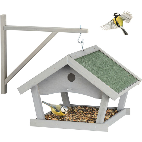 Wooden Birdhouse, Hanging Bird Feeding Table, HxWxD: 35x42.5x40.5 cm, Feeder For Wild Birds, Grey - Relaxdays