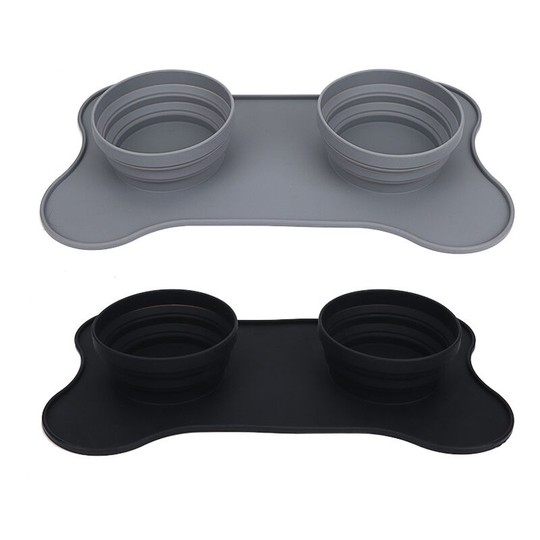 Silicone Pet Bowl, Collapsible and Retractable with Placemat, Dog Mat, Non-Slip, Puppy Feeding Mat, Portable for Outdoor (Black)