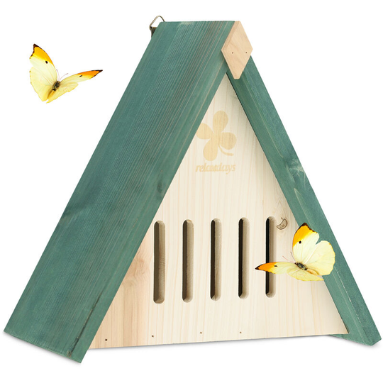 Butterfly House, Wood, Insect Hotel for Butterflies, Garden, to Hang up, hwd: 26 x 27.5 x 16 cm, Natural/Green - Relaxdays