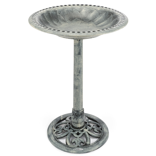 (Grey) Garden Bird Bath Ornate Resin Birdbath With Rustic Metal Effect H70cm Christow