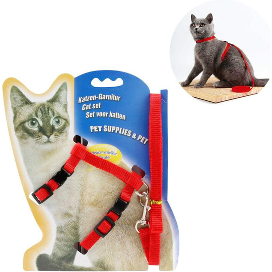 Cat and Kitten Harness with Nylon Strap and Adjustable Strap (Red)