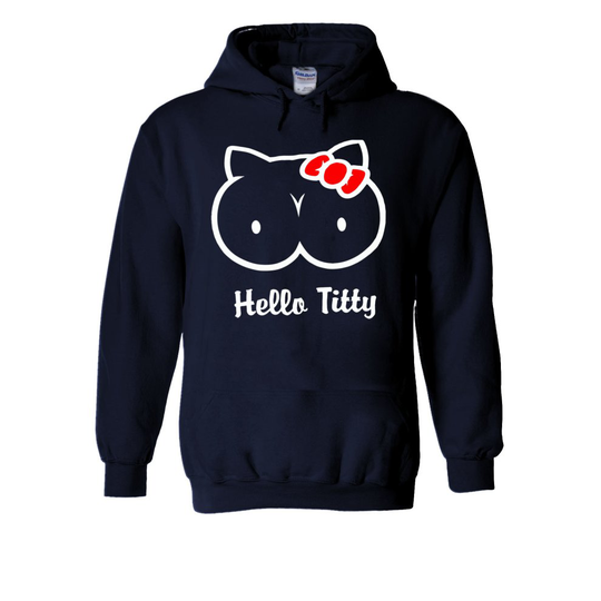 (Large, Navy) Hello T*tty Funny Cat Kitten Kitty Novelty White Men Women Unisex Hooded Sweatshirt Hoodie