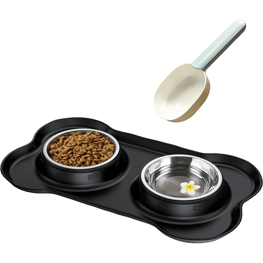2x170ML Small Cat and Dog Bowl, Stainless Steel Non-Slip Anti-Overflow and Anti-Spill Bowl, Stainless Steel Double Bowl with Silicone Mat