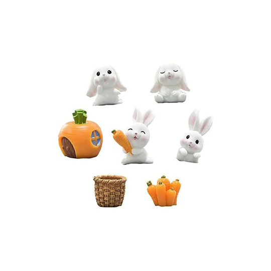 Qersta - Garden Decorative Lovely Rabbits Doll, 7 Piece Character Rabbit Figurines, Cute Rabbits, Micro Landscape Resin Ornaments, Suitable for