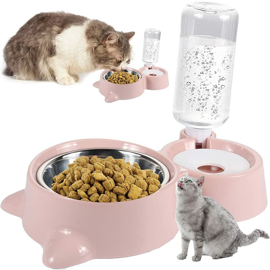 Double Cat Bowl, Double Bowl Pet Feeder for Cats and Small Dogs, Pink 2 in 1 Cat Bowls