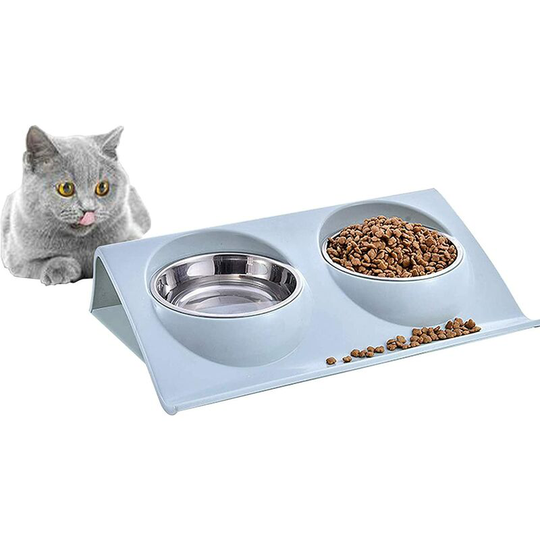 Cat Dog Bowl Pet Bowl Double Cat Bowls Double Dog Bowl Tilted Cat Bowl Double Stainless Steel Pet Bowls for Cats Dog (Blue)