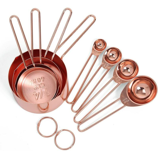 Stainless Steel Measuring Cups and Spoons Set of 8 Engraved Measures, Metal Measuring Sets with Ring for Kitchen, Baking, Baking, Rose Gold