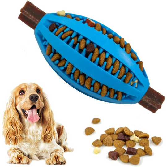 Dog Treat Dispenser Toy Ball, Durable Rubber Dog Rugby Toy, Blue