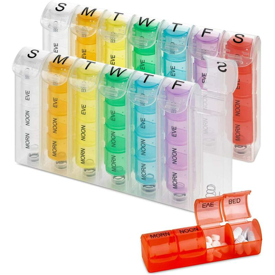 Weekly Pill Organizer - (Pack of 2) Medicine & Vitamin Boxes, 4 times a day for the whole week, am/pm Indication