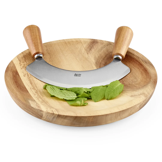 Acacia Wood Chopping Board and Mezzaluna Knife Set