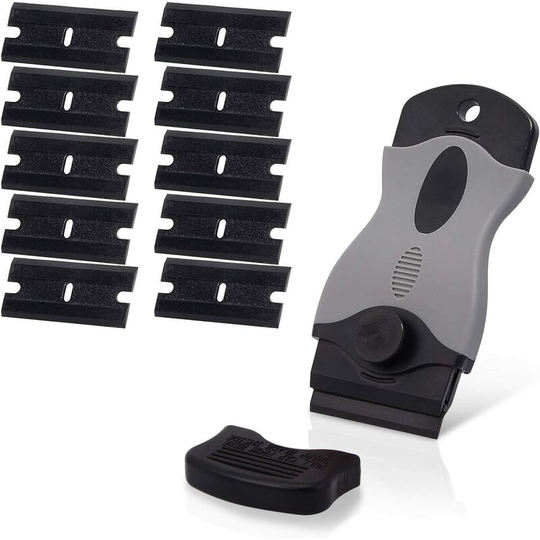 Litzee - Glass Scrapers, Glass Scraper Ceramic Scraper Plate with 10 Plastic Squeegees, for removing labels, glue, paintStickers and Decals, Window