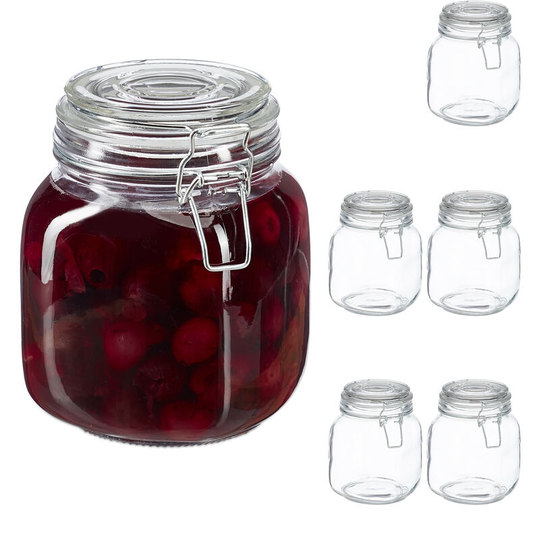 Set of 6 Clip Top Jars, 960 ml, Clear Glass, Preserving, Pickling & Pantry Storage, Kitchen, Transparent - Relaxdays