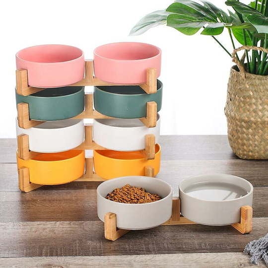 Thsinde - Ceramic Cat Dog Bowl Dish With Wood Stand No Spill Pet Food Water Feeder Cats Small Dogs Pet Bowl Single Bowl-Gray-M ssxjv