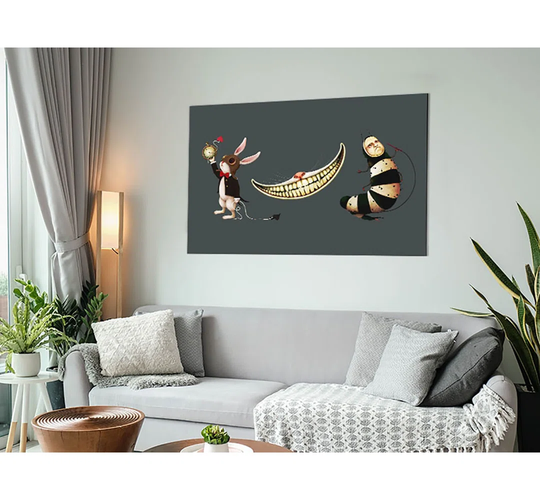 Alice in Wonderland Rabbit Cat and Caterpillar - Unframed Graphic Art on Metal