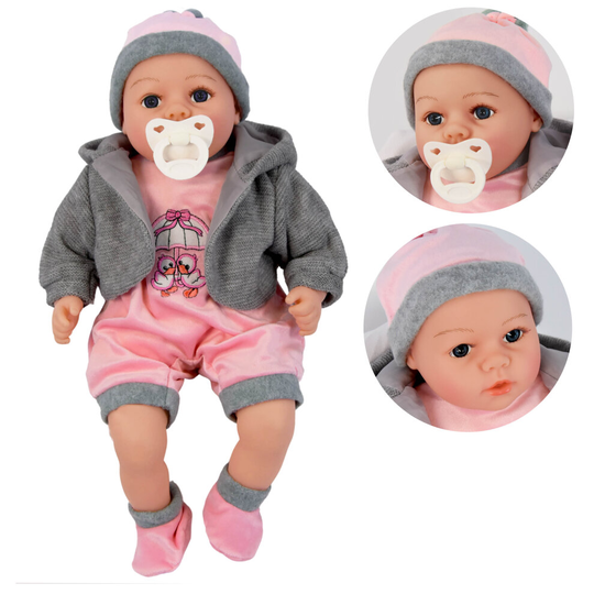 (Pink / Grey) The Magic Toy Shop 18" Lifelike Size Baby Doll With Dummy & Sounds