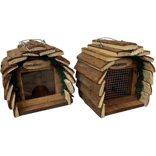 Hanging Wooden Barkwood Seed & Nut Bird Feeder Set