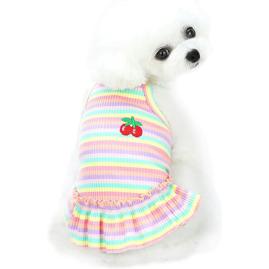 Dog Dress, Pet Striped Shirt Skirt Cherry Print Camisole Dress Summer Ruffle Pleated Dress Princess Dress Wedding Costume (Pink, s)