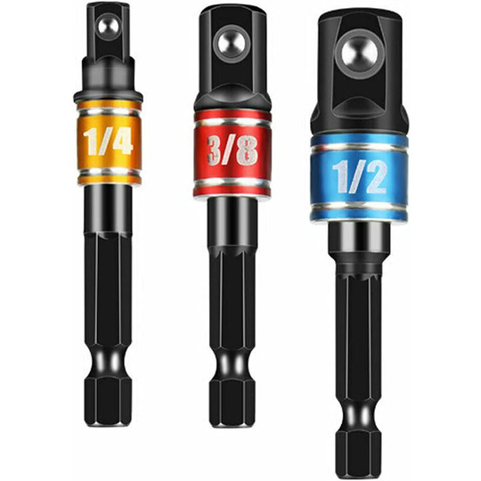 Impact Grade Socket Adapter 3 Pack Set, 1/4", 3/8", and 1/2" Drive, Socket to Drill Adpater for Impact Drivers, Turns Power Drill Into High Speed Nut