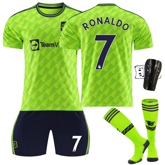 Red Devil Man l Away Game Fluorescent Green Soccer Suit No. 7 with socks+protective gear, children's size 22