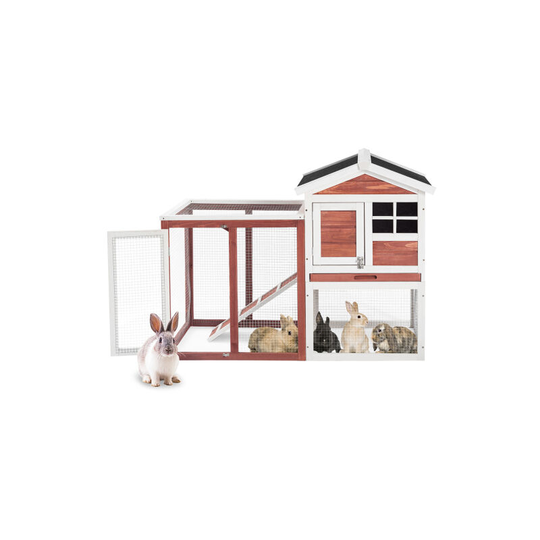 Fyfamily - 2-Tier Wooden Rabbit Bunny Hutch Cage House Guinea Pig Coop with Pull-out Tray and Weatherproof Asphalt Roof