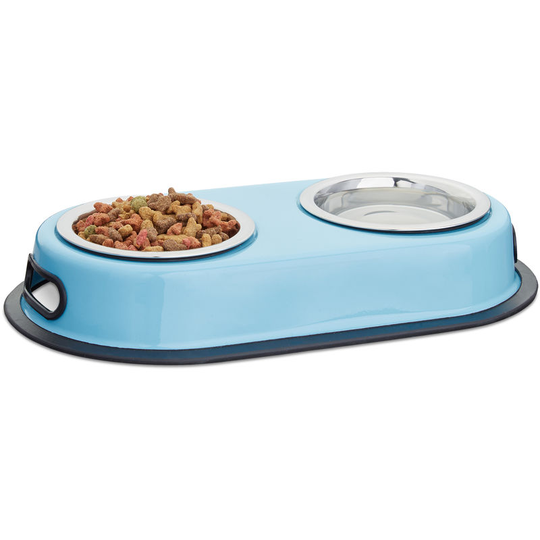 Relaxdays - Stainless Steel Feeding Bowls, Dishes for Cats & Small Dogs, 2 Bowls w/ Stand, HxWxD: 5.5 x 33 x 18 cm, Blue